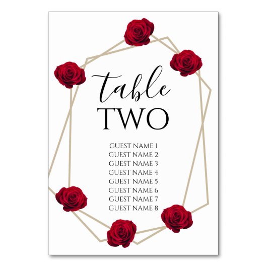 Elegant Geometric Red Rose Wedding Guest Names Kaart (Voorkant)