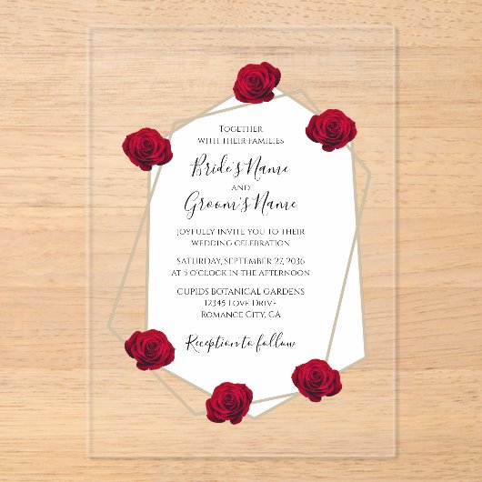 Elegant Geometric Red Rose Wedding Invitations Acryl Uitnodigingen (Voorkant)