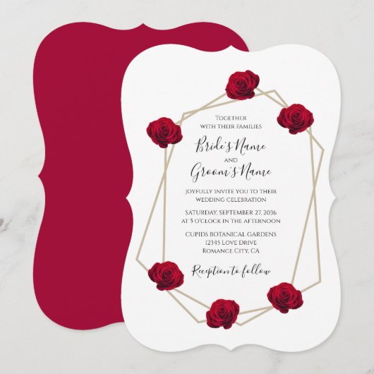Elegant Geometric Red Rose Wedding Invitations Kaart (Voorkant / Achterkant)