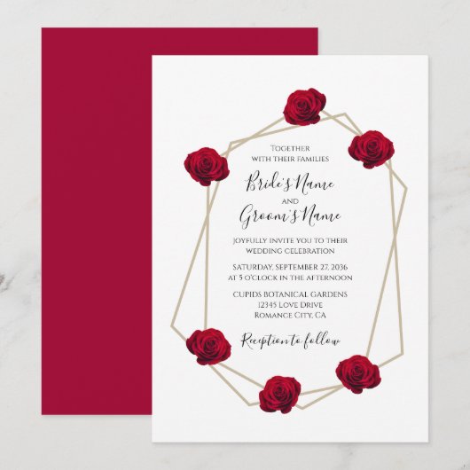 Elegant Geometric Red Rose Wedding Invitations Kaart (Voorkant / Achterkant)