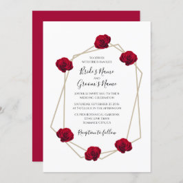 Elegant Geometric Red Rose Wedding Invitations Kaart
