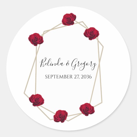 Elegant Geometric Red Rose Wedding Ronde Sticker (Voorkant)