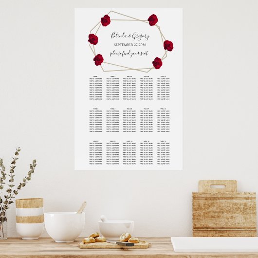 Elegant Geometric Red Rose Wedding Seding Chart Poster (Keuken)