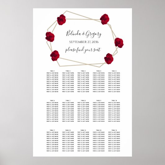 Elegant Geometric Red Rose Wedding Seding Chart Poster (Voorkant)