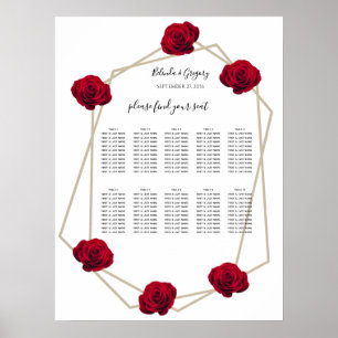 Elegant Geometric Red Rose Wedding Seding Chart Poster
