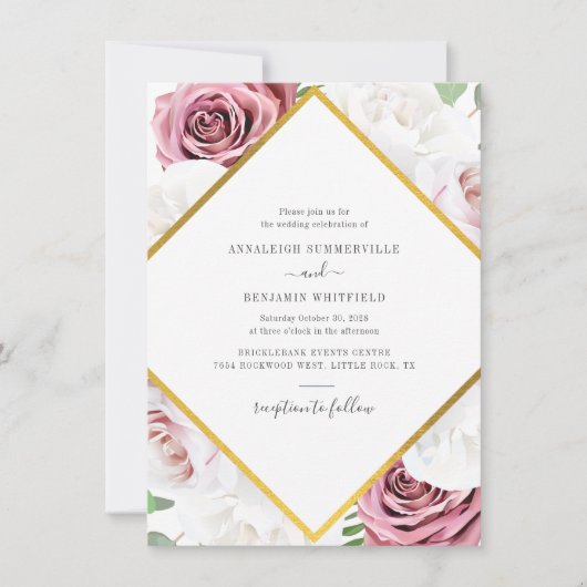 Elegant Geometric Roos Gold Floral Wedding Kaart (Voorkant)