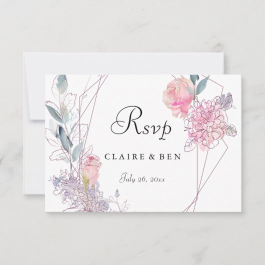 Elegant Geometric Roze Rose Floral Wedding RSVP Kaartje (Voorkant)