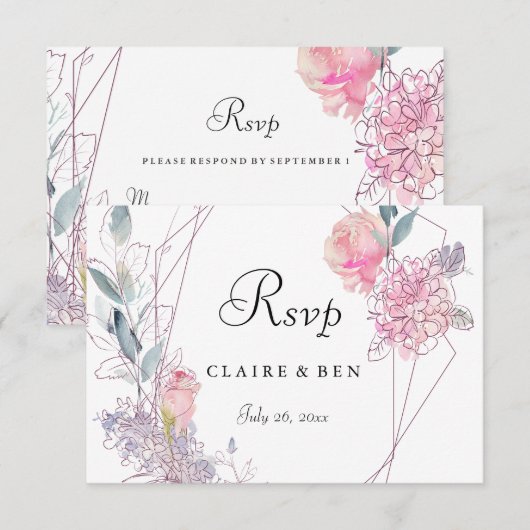 Elegant Geometric Roze Rose Floral Wedding RSVP Kaartje (Voorkant / Achterkant)