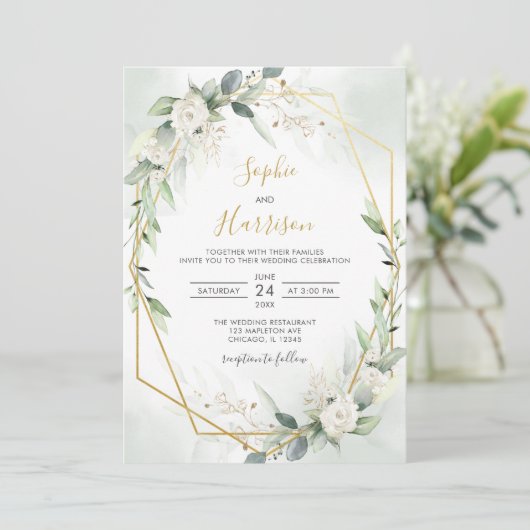 Elegant Geometric Sage and Gold Greenery Wedding Kaart (Staand voorkant)