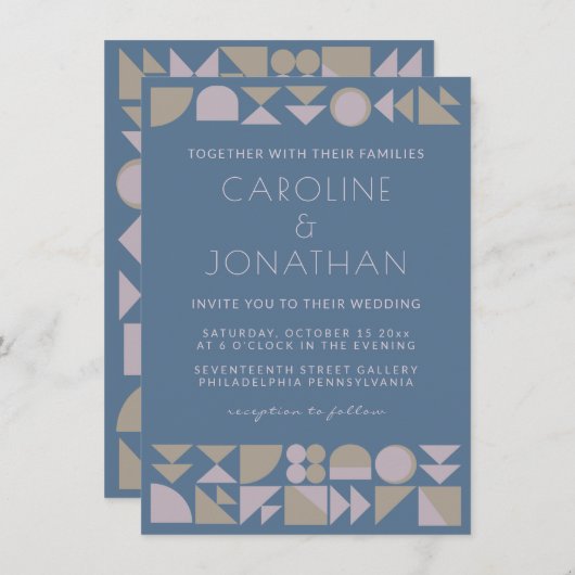 Elegant Geometric Shapes Dusty Blue Modern Wedding Kaart (Voorkant / Achterkant)