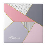 Elegant geometric stripes polka dots pastel tegeltje<br><div class="desc">Moderne en girale geometrische combinatie van zwarte poka-punten,  strepen,  pastelgrijs,  roze en paars kleurenblok.</div>