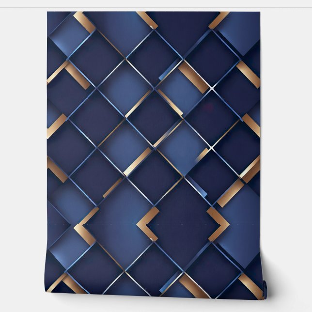 Elegant Geometrisch blauw en goud Behang (Afrollen)