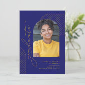 Elegant Geometrisch Blauw Geel Goud Afstuderen Aankondiging (Staand voorkant)