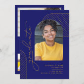 Elegant Geometrisch Blauw Geel Goud Afstuderen Aankondiging (Voorkant / Achterkant)