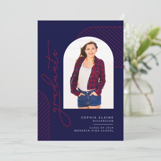 Elegant Geometrisch Blauw Rood Wit Afstuderen Aankondiging (Staand voorkant)