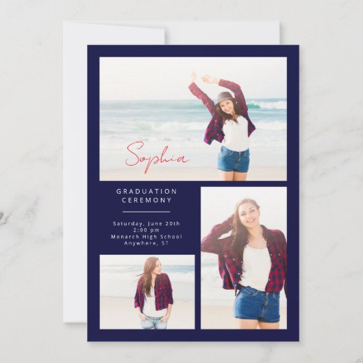 Elegant Geometrisch Blauw Rood Wit Afstuderen Aankondiging (Achterkant)