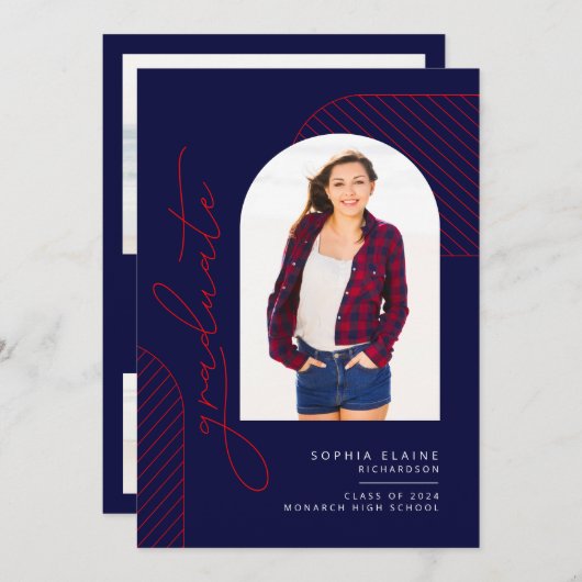 Elegant Geometrisch Blauw Rood Wit Afstuderen Aankondiging (Voorkant / Achterkant)
