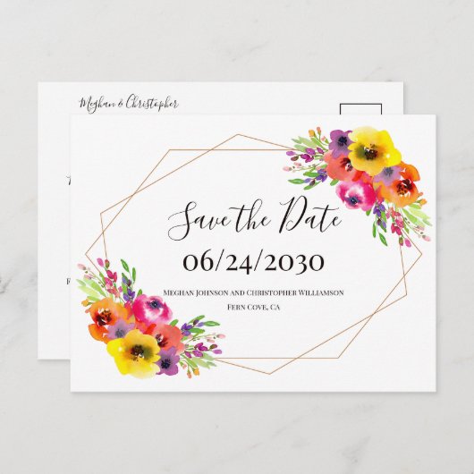 Elegant Geometrisch Bloemen Bruiloft Save the Date Briefkaart (Voorkant / Achterkant)