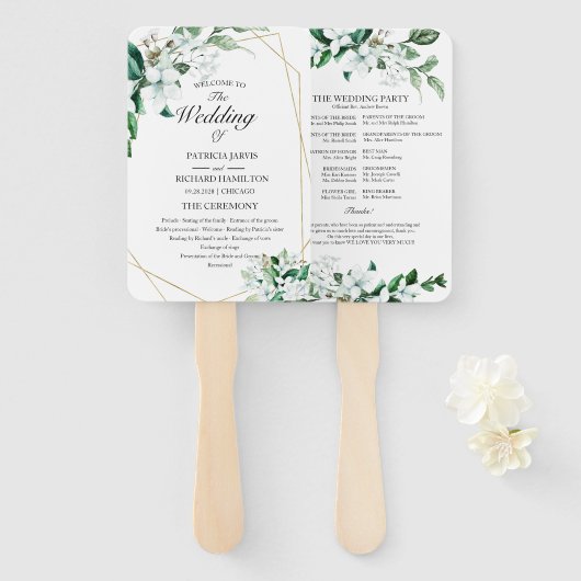 Elegant geometrisch bloemengroen bruiloft programm handwaaier (Voorkant en achterkant)