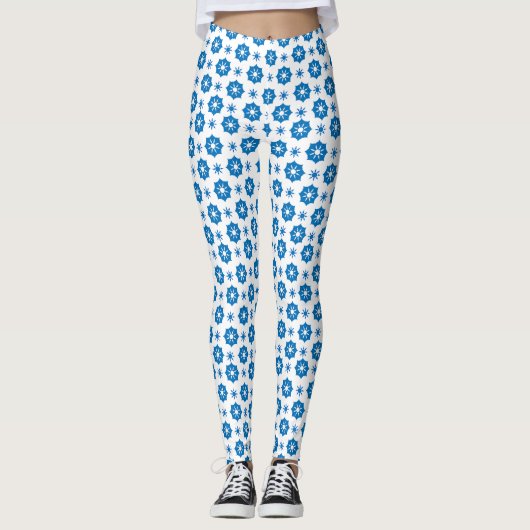 Elegant geometrisch Floral blauw en wit patroon Leggings (Voorkant)