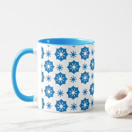Elegant geometrisch Floral blauw en wit patroon Mok (Met donut)