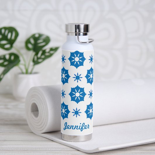 Elegant geometrisch Floral blauw en wit patroon Waterfles (Yoga)