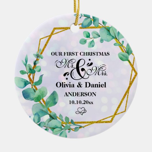 Elegant Geometrisch Goud Lijst met Eucalyptus Leav Keramisch Ornament (Voorkant)