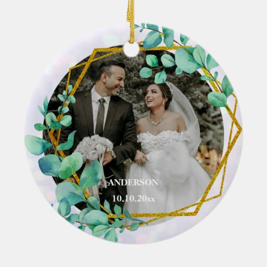 Elegant Geometrisch Goud Lijst met Eucalyptus Leav Keramisch Ornament (Achterkant)