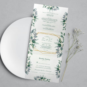 Elegant Geometrisch Lijst groen foto Bruiloft Drieluik Uitnodiging