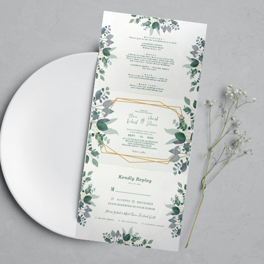 Elegant Geometrisch Lijst groen | foto Bruiloft Drieluik Uitnodiging