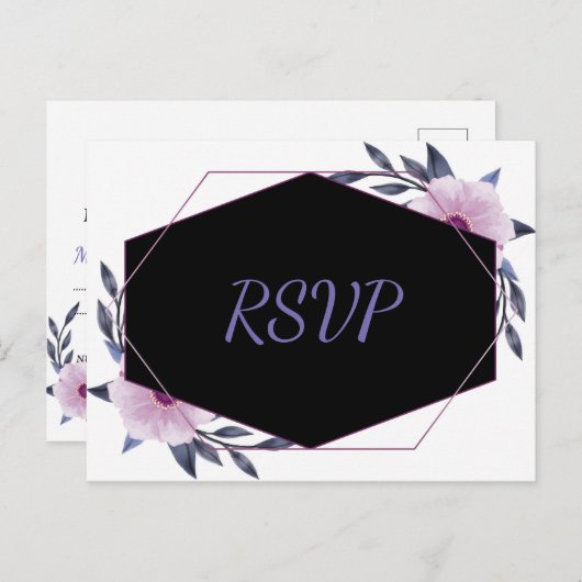 Elegant Geometrisch lijst paarse bloemenrsvp Uitnodiging Briefkaart (Voorkant / Achterkant)