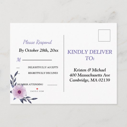 Elegant Geometrisch lijst paarse bloemenrsvp Uitnodiging Briefkaart (Achterkant)