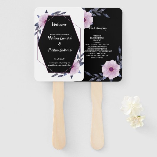 Elegant geometrisch lijst paarse bruiloft programm handwaaier (Voorkant en achterkant)