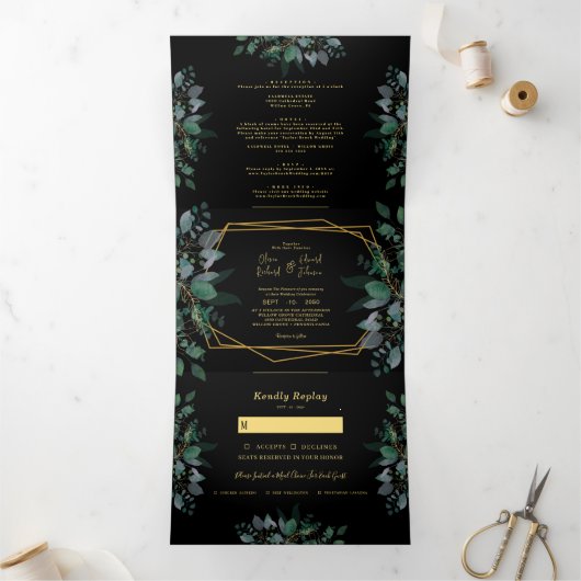 Elegant Geometrisch lijst Zwart foto Bruiloft Drieluik Uitnodiging (Binnen)