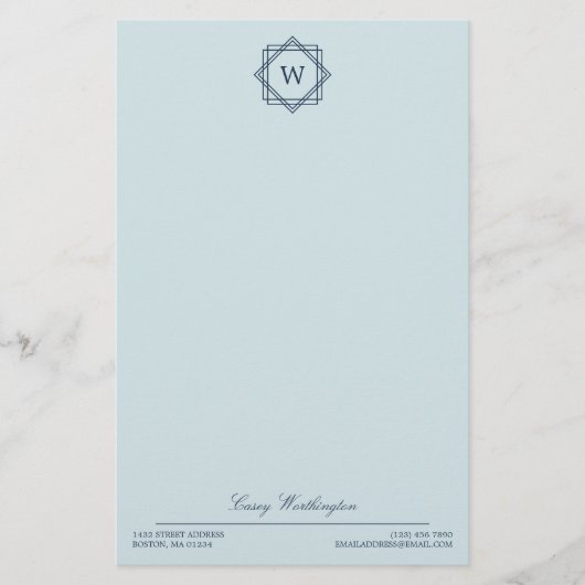 Elegant Geometrisch Marine Blauw Monogram & Naam Briefpapier (Voorkant)