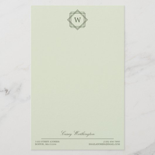Elegant Geometrisch Olijfgroen Monogram & Naam Briefpapier (Voorkant)