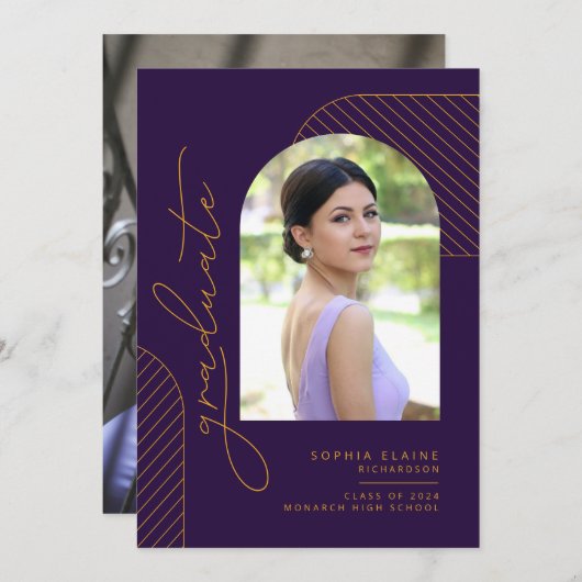 Elegant geometrisch Paarse gouden Afstuderen Aankondiging (Voorkant / Achterkant)