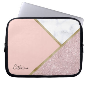Elegant geometrisch roos goud glitter witte marmer laptop sleeve
