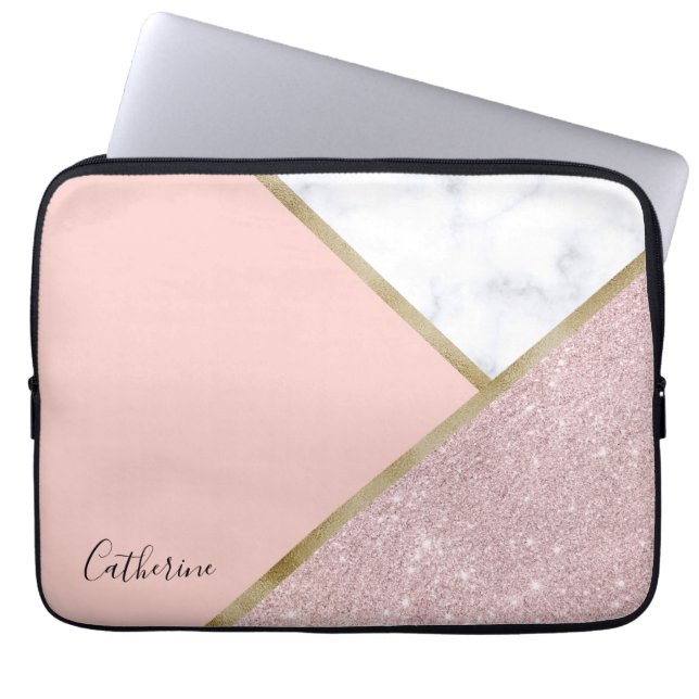 Elegant geometrisch roos goud glitter witte marmer laptop sleeve (Voorkant)