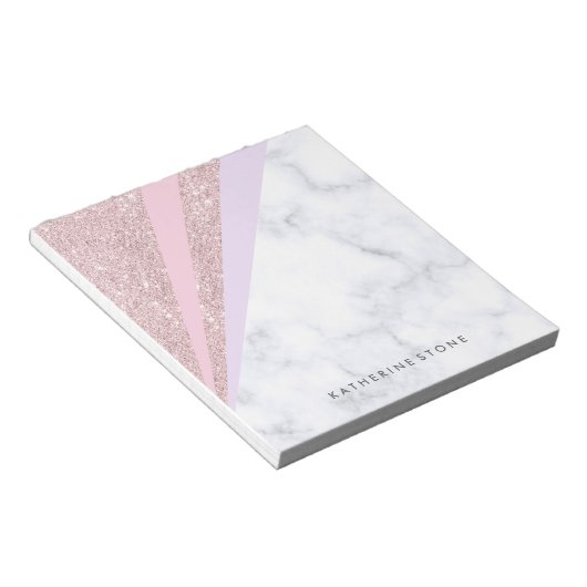 Elegant geometrisch roos goud glitter witte marmer notitieblok (Schuin)
