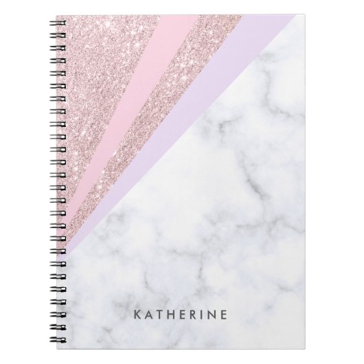 Elegant geometrisch roos goud glitter witte marmer notitieboek (Voorkant)