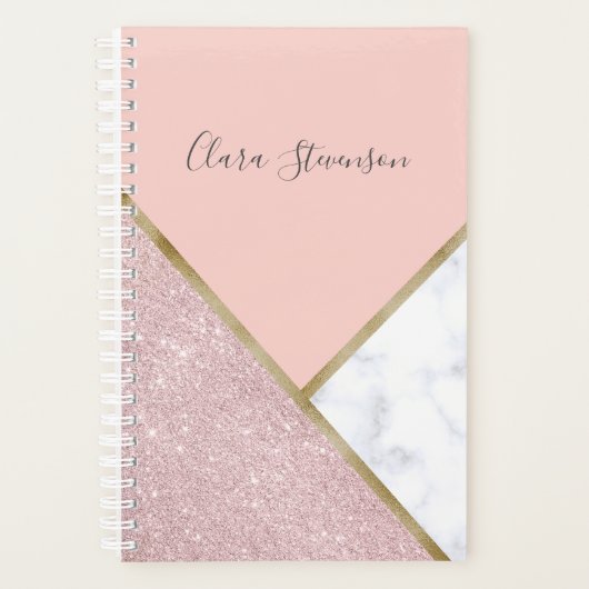Elegant geometrisch roos goud glitter witte marmer planner (Voorkant)