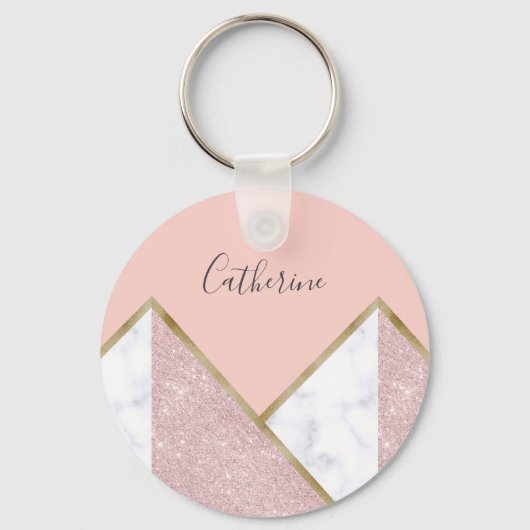 Elegant geometrisch roos goud glitter witte marmer sleutelhanger (Voorkant)
