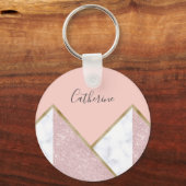 Elegant geometrisch roos goud glitter witte marmer sleutelhanger (Voorkant)