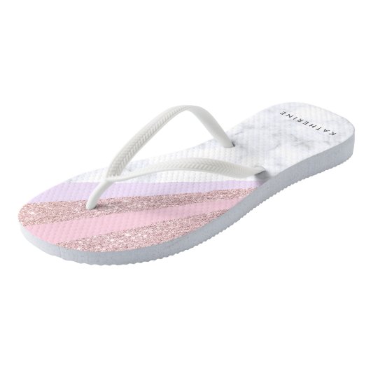 Elegant geometrisch roos goud glitter witte marmer teenslippers (Schuin)