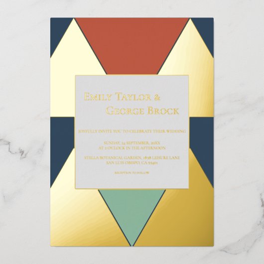 Elegant geometrisch stijlvol modern grafisch huwel folie uitnodiging (Voorkant)