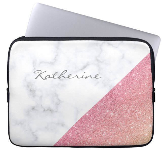 Elegant geometrisch wit marmer roos goud glitter laptop sleeve (Voorkant)