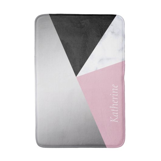 Elegant geometrisch zilverwit marmer roze zwart badmat (Voorkant Verticaal)