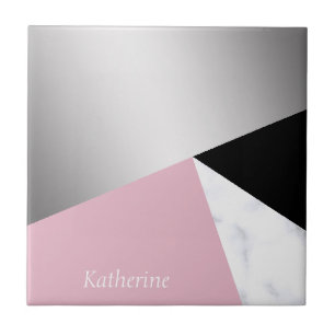 Elegant geometrisch zilverwit marmer roze zwart tegeltje