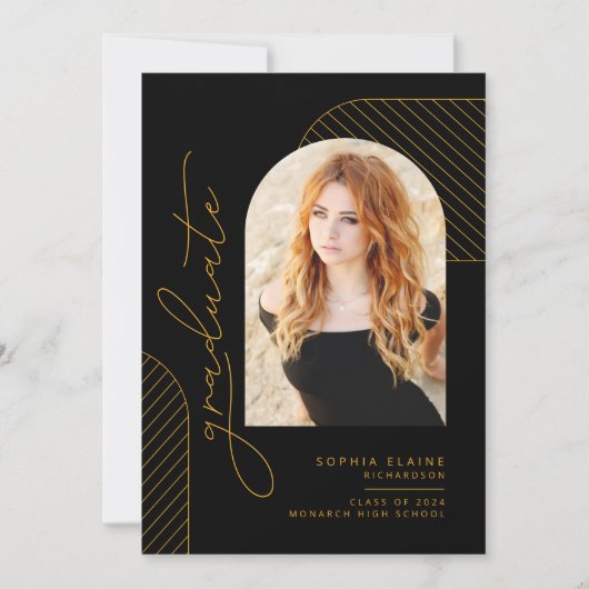 Elegant Geometrisch Zwart Goud Afstuderen Aankondiging (Voorkant)